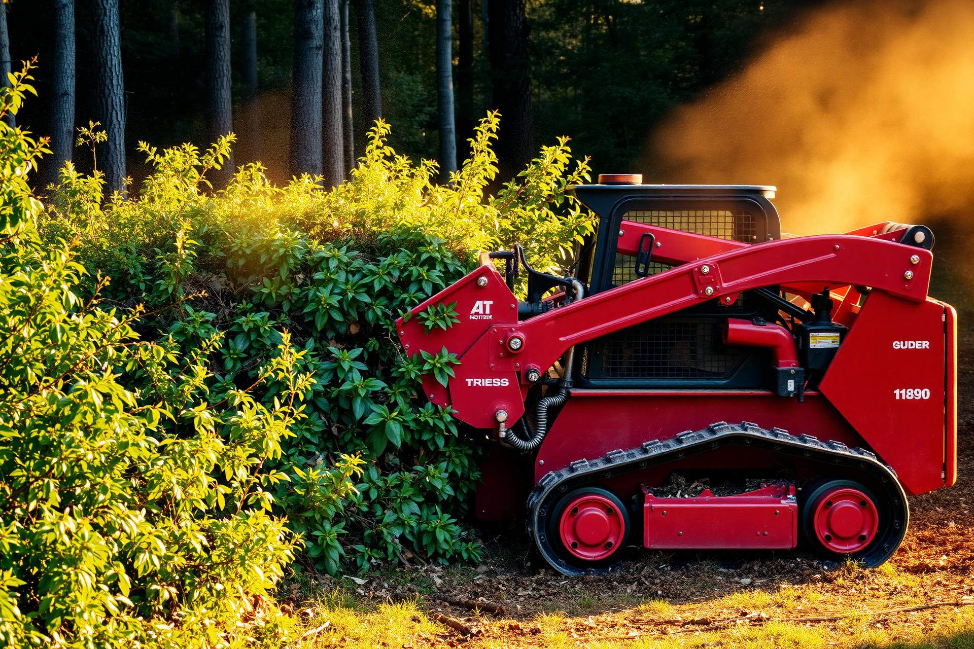 Grinder Inc forestry mulcher clearing dense brush at sunset